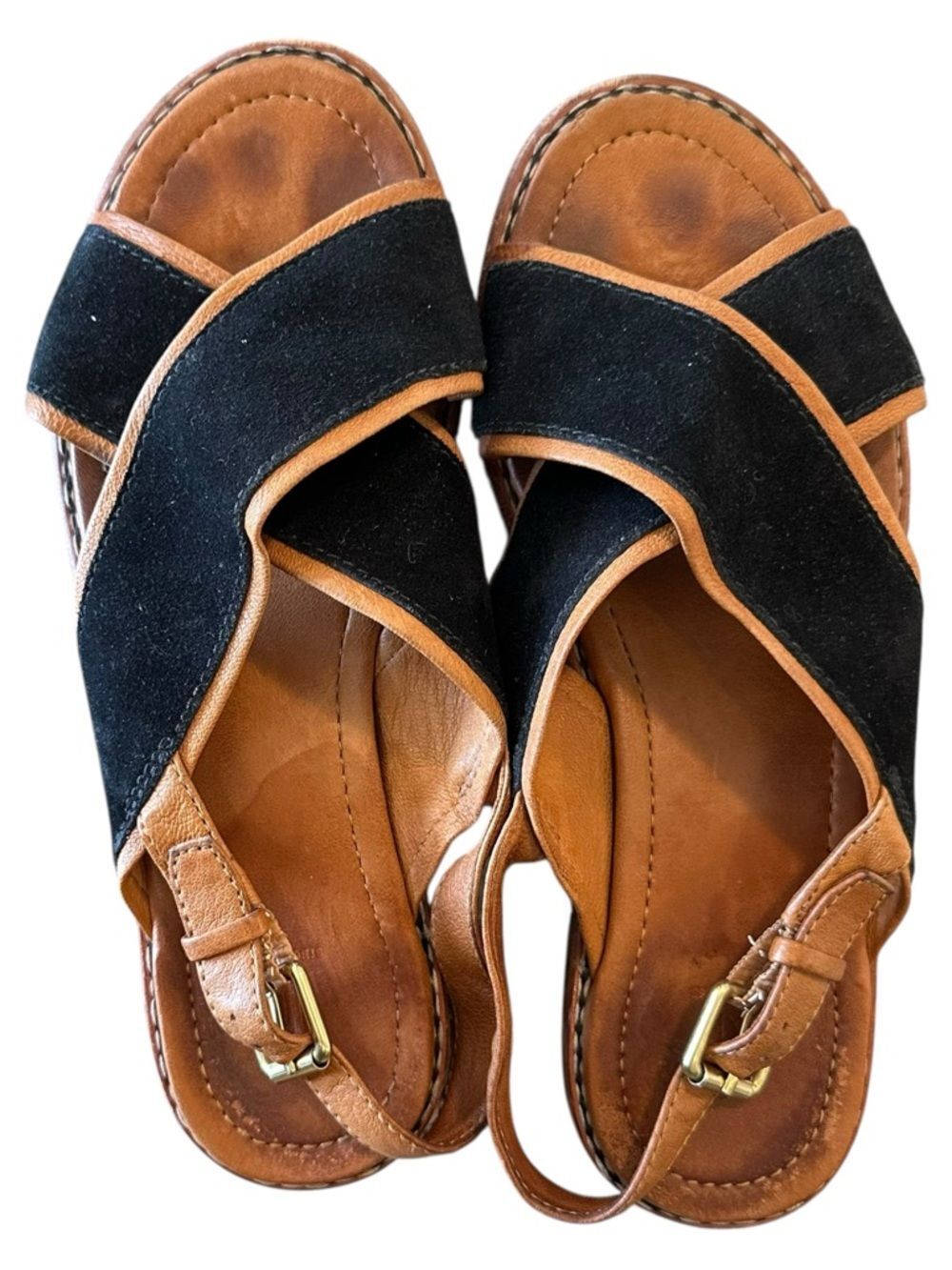 FRYE Blaire Overlay Sling Sandals Black Suede Brown Leather Cross Strap Womens 7